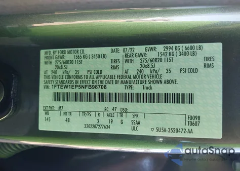 2022 Ford F-150 Xlt z USA, uszkodzony, nr VIN 1FTEW1EP5NFB98708